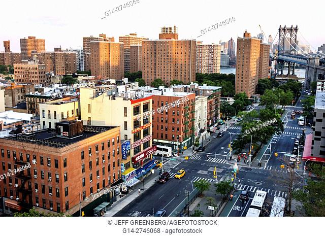 New York, New York City, NYC, Manhattan, Chinatown, Pike Sreet, south view, skyline, overhead view, meridian mall, trees, buildings, rooftops