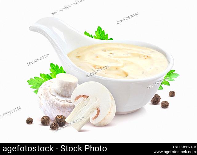 Sour cream with mushrooms. Mushroom sauce isolated on white background with clipping path