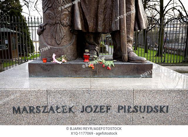 Warsaw Poland: Flowers by Jozef Klemens Pilsudski's memorial in memory of president Lech Kaczynski who died in a plane crash