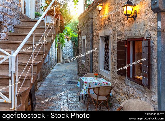 European street cafe, Old Town of Budva, Montenegro