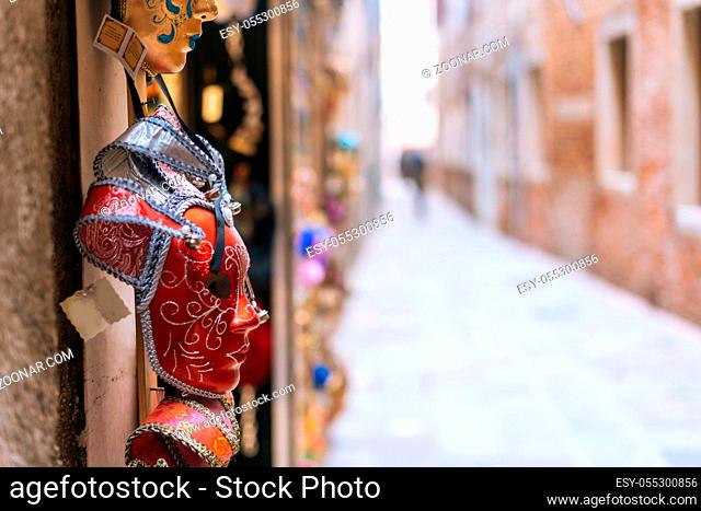 Traditional venetian mask in store on street, Venice Italy. Venetian mask Italy. Selective focus