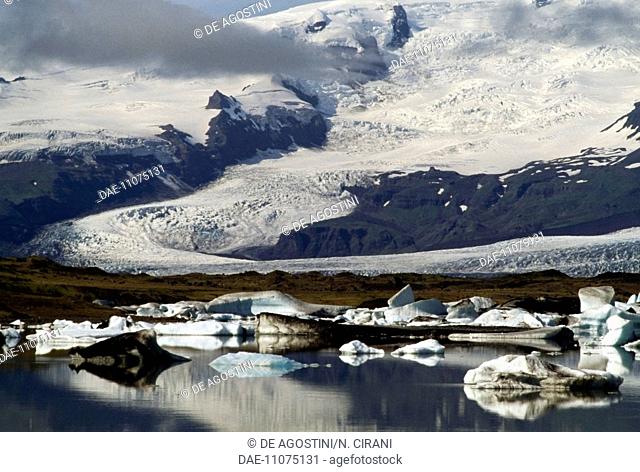 View of Jokulsarlon glacial lake with views of the surrounding glaciers, Iceland