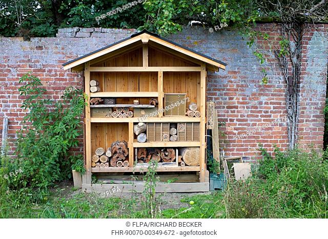 Insect 'hotel' built to attract bees, partly filled, Preston Montford Field Centre, Shropshire, England, August