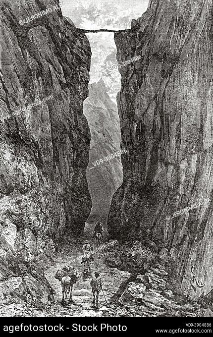 Bartolo gorge. Bolivia, South America. Old 19th century engraved illustration, Expedition to the Pilcomayo Delta by French explorer Emile Arthur Thouar from Le...