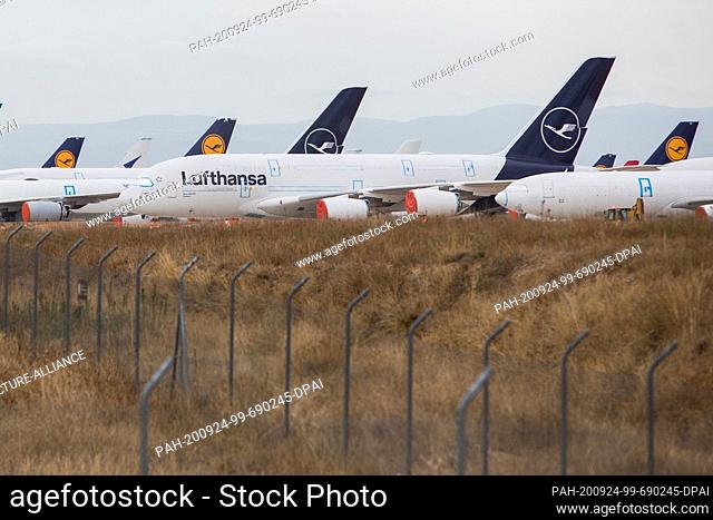 23 September 2020, Spain, Teruel: An Airbus A380 of the airline Lufthansa is parked at Teruel Airport. Due to the low level of intercontinental traffic