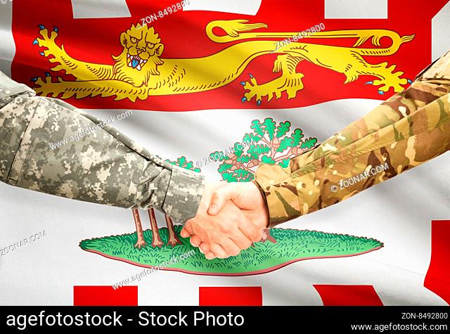 Soldiers handshake and Canadian province flag - Prince Edward Island