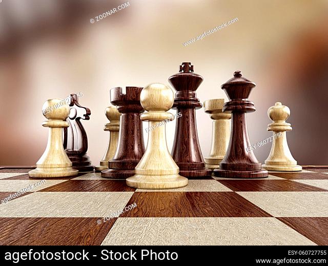 Chess board with wooden chess pieces isolated on white background