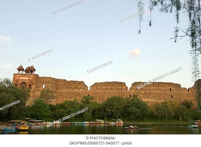 Lake in front of a fort, Old Fort, Delhi, India