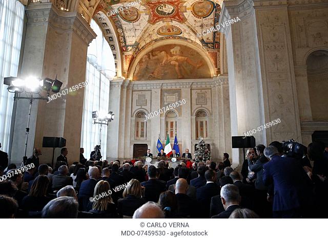 Political consultant Rocco Casalino, Prime Minister Giuseppe Conte, President of the National Council of the Order of Journalists Carlo Verna and Parliamentary...