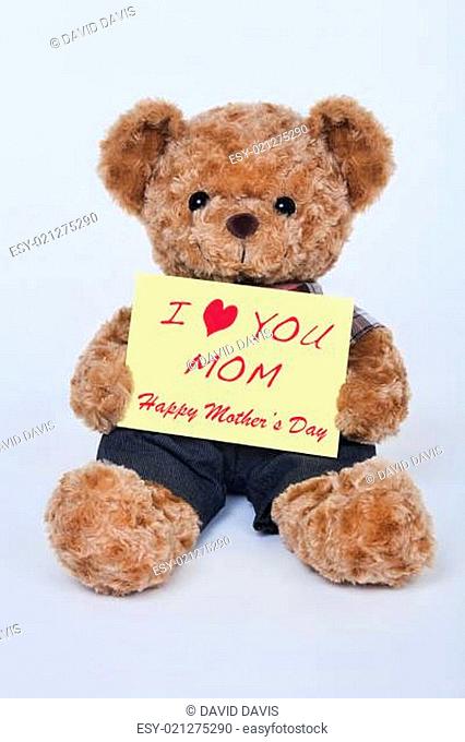 A cute teddy bear holding a yellow sign that says I love mom for Mothers Day isolated on a white background