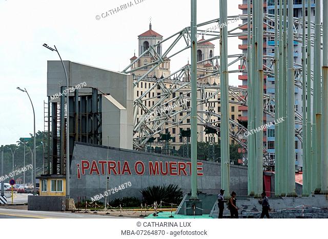 Cuba, Havana, La Rampa, José Martí Anti-Imperialist Platform, lettering 'Patrio o Muerte' (Fatherland or Death)