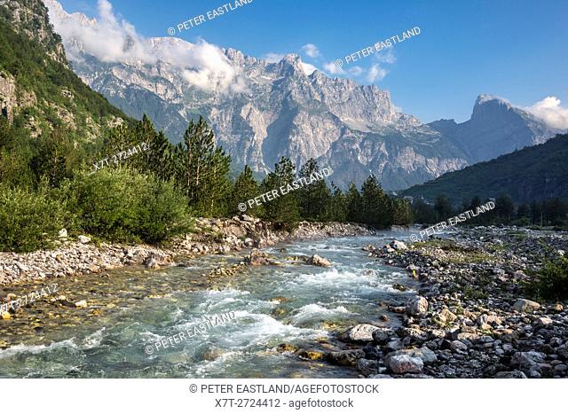 The Thethit river at the village of Theth With the Albanian Alps, Radohima massif and Mount Arapit in the background, Northern Albania