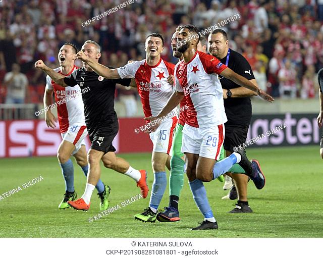 Soccer players of Slavia Prague (Team) celebrate a victory after the Football Champions' League 4th qualifying round return match: Slavia Prague vs Cluj-Napoca...