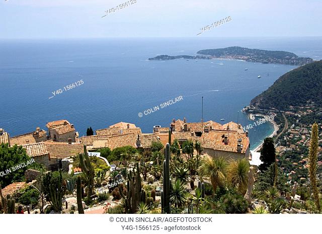 Eze village, view from exotic garden, to St  Jean Cap Ferrat, South of France