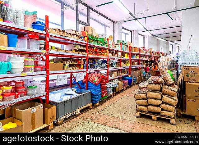 Samara, Russia - April 13, 2019: Interior of the retail family discounter Pobeda. One of retail warehouse store in Russia, selling food