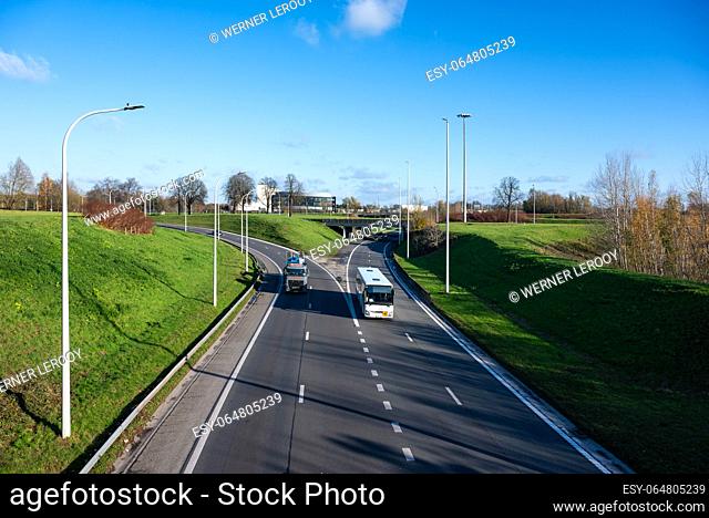 Strombeek-Bever, Flemish Brabant Region, Belgium, November 28, 2023 - Trucs, busses and cars driving the ring road
