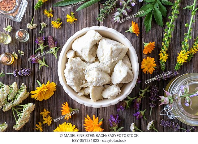 Top view of raw unrefined shea butter in a bowl with medicinal plants and essential oils - ingredients to prepare a homemade skin ointment