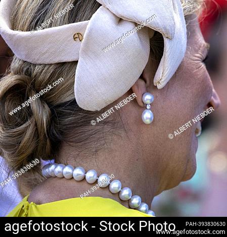 Queen Maxima of The Netherlands (jewelery, head) in Willemstad, on February 02, 2023, King Willem-Alexander, Queen Maxima and Princess Amalia of The Netherlands...