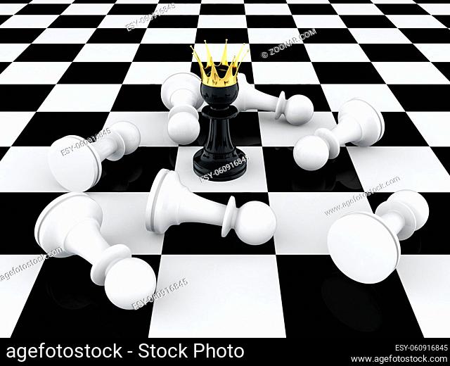 3D render of black pawn with golden crown defeating enemy
