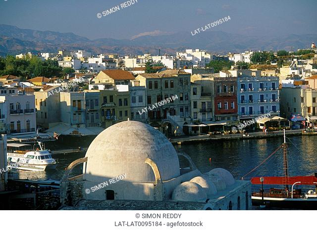 Venetian harbour. View over top of dome of Mosque of the Janissaries