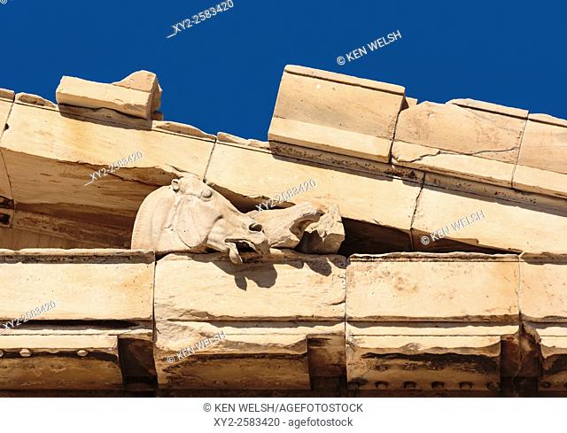 Athens, Attica, Greece. Eastern pediment of the Parthenon showing surviving sculptures. The Acropolis of Athens is a UNESCO World Heritage Site