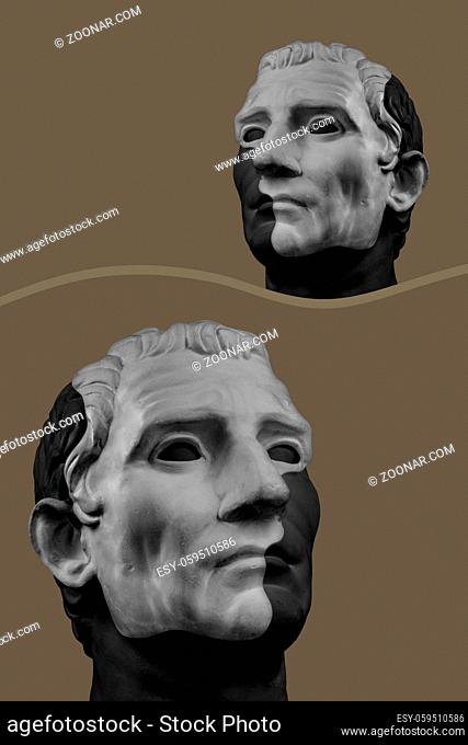 Collage with plaster antique sculpture of human face in a pop art style. Modern creative concept image with ancient statue head. Zine culture