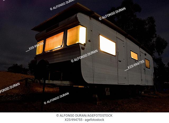 Old mobile home at night, Frankland, Western Australia, Australia
