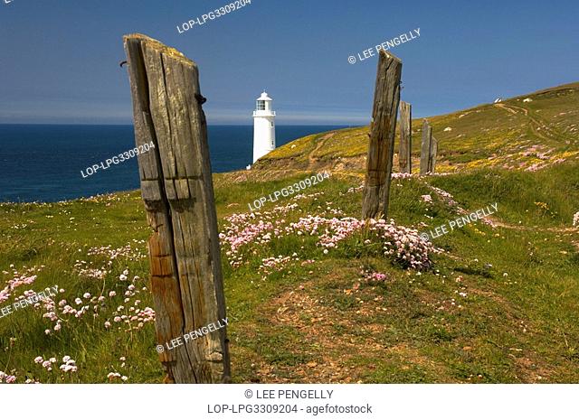 England, Cornwall, Trevose Head, Trevose Head Lighthouse viewed through old timber coastal path posts amidst thrift and campion in Cornwall