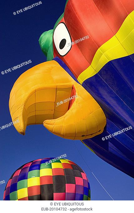 Annual balloon fiesta colourful hot air balloons ascending with parrot shaped balloon in foreground