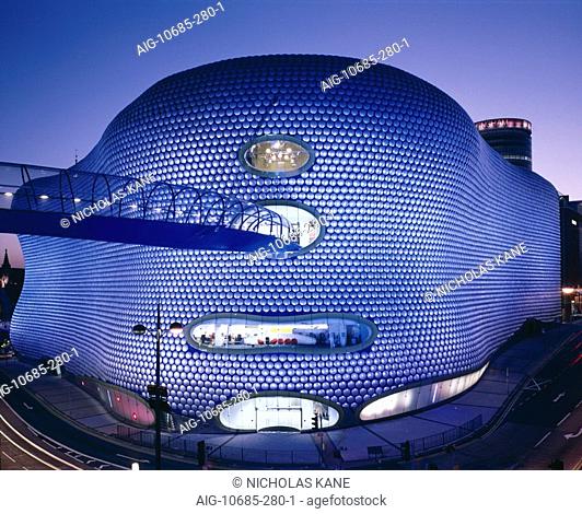 Selfridges, Birmingham, England. 2003 - Exterior at dusk. Architect: Future Systems