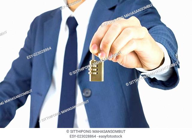 Businessman Hold Brass Combination Lock Isolated on White Background