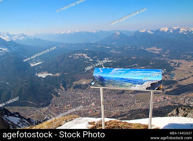 Panoramic map, view from Karwendel, at the top station Karwendelbahn to Estergebirge, in the foreground Mittenwald, against blue sky