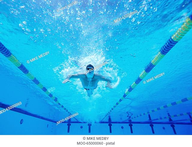 Underwater shot of male swimmer swimming in pool