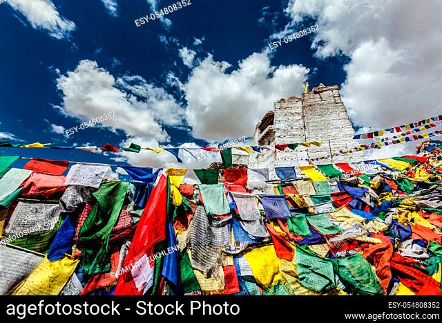 Ruins of Victory Fort Tsemo on the cliff of Namgyal hill and colorful Buddhist prayer flags with Buddhism mantra written on them