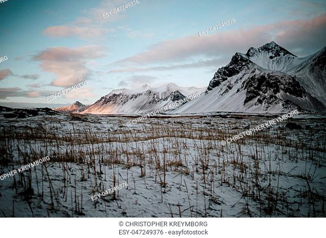 Snowy landscapes in Stokksnes, Iceland