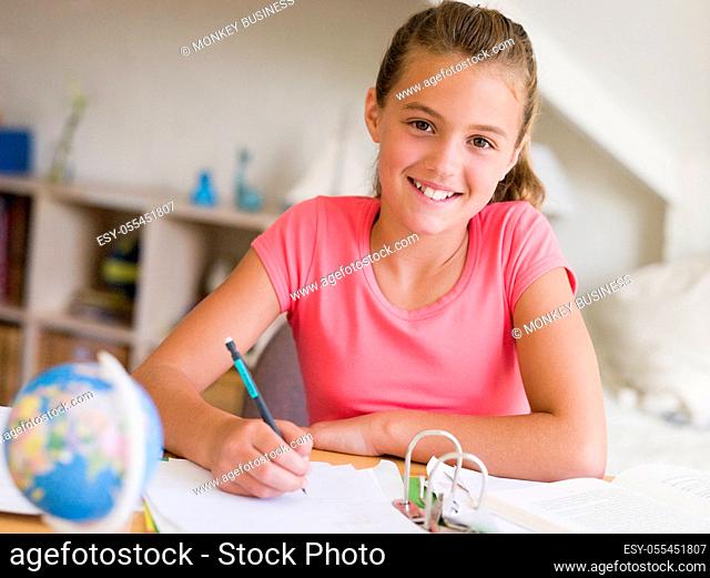 girl, writing, homework