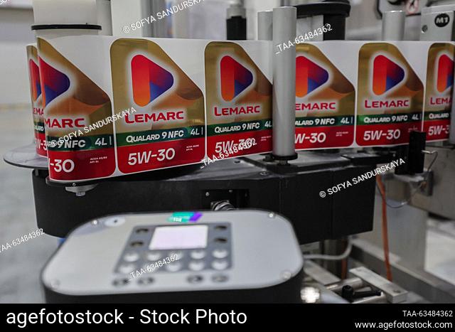 RUSSIA, KALUGA REGION - OCTOBER 18, 2023: Labels for engine oil barrels are seen at the production line of oils under the Lemarc brand at the Top Lubricants...