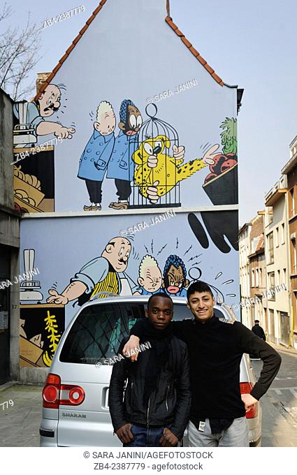 Painted wall, Blondin and Cirage comic by Jijé, Mural, Marolles district, Brussels, Belgium, Europe