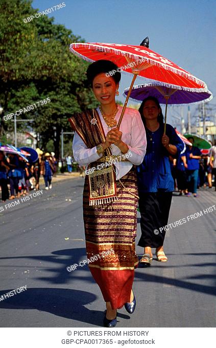 Thailand: Khon Muang (Northern Thai) woman parading in her finery, Chiang Mai Flower Festival Parade, Chiang Mai, northern Thailand