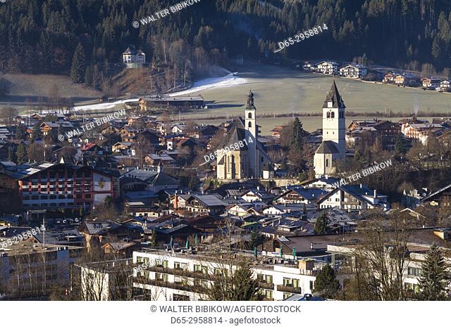 Austria, Tyrol, Kitzbuhel, elevated town view, morning