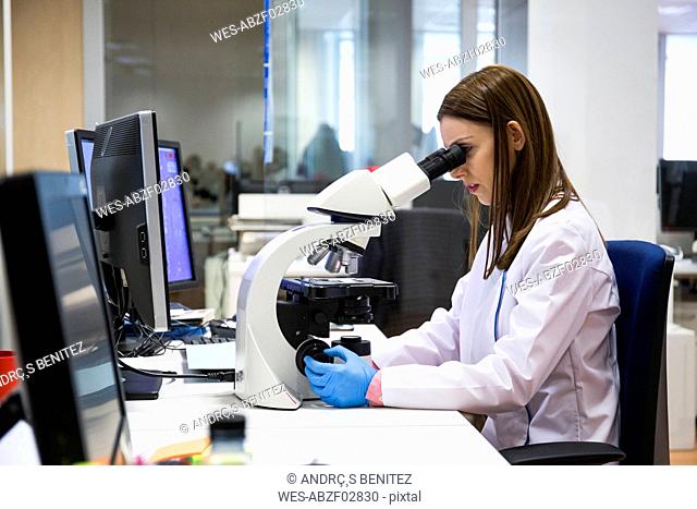 Young woman examining samples with microscope while working in modern laboratory