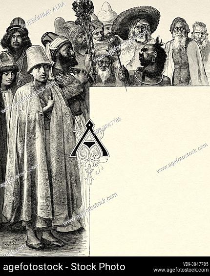 Dervishes and other holy men of Egypt, North Africa. Old 19th century engraved illustration from El Mundo Ilustrado 1880