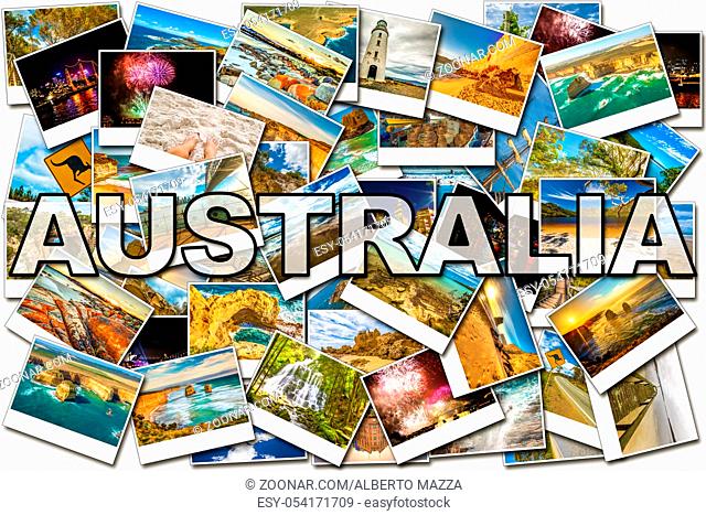 Australia pictures collage of several famous locations in the states of New South Wales, Victoria and Tasmania in Australia