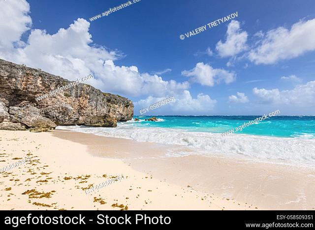 Bottom Bay is one of the most beautiful beaches on the Caribbean island of Barbados. It is a tropical paradise with palms hanging over turquoise sea and a...
