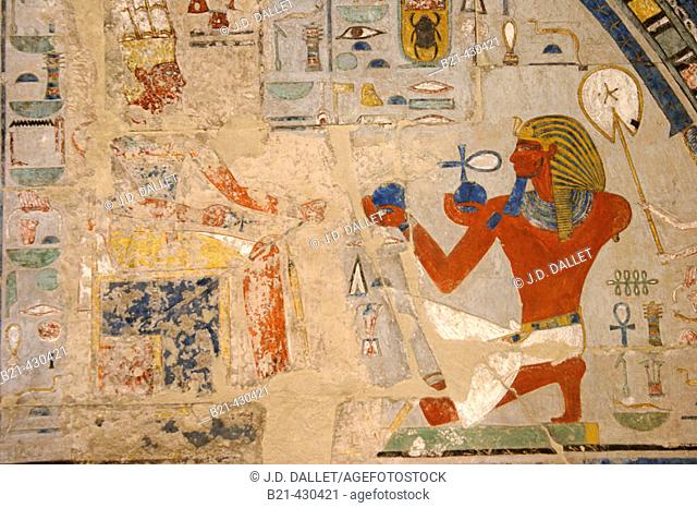 Mural paintings in the sanctuary at the 3rd terrace, Temple of Hatshepsut. Deir el Bahri. Thebes, Luxor. Egypt