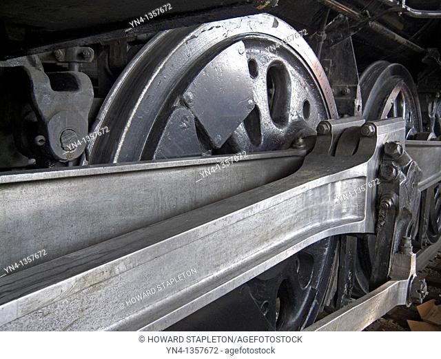 Driver wheels on a steam locomotive on display at Union Station, Los Angeles, California