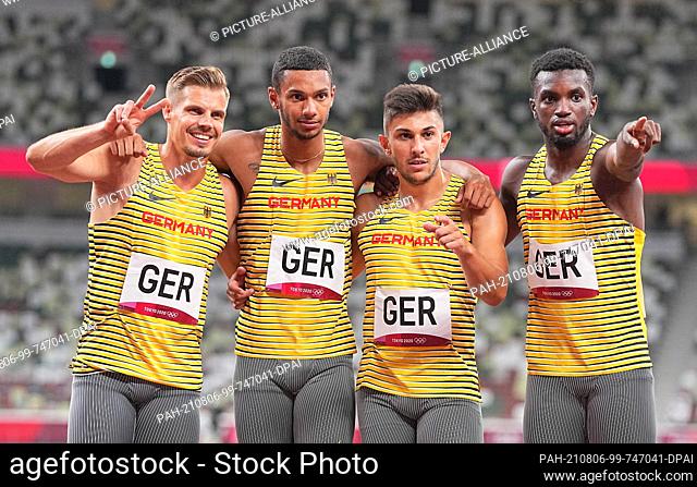 06 August 2021, Japan, Tokio: Athletics: Olympics, 4 x 100 m, men, final at the Olympic Stadium. The German relay team with Julian Reus (l-r), Joshua Hartmann