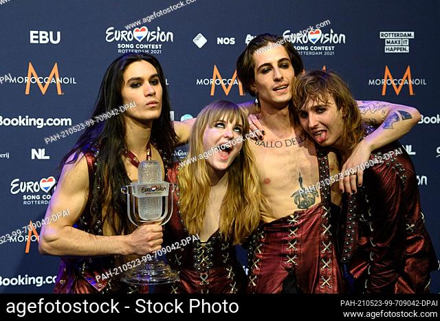 dpatop - 23 May 2021, Netherlands, Rotterdam: Guitarist Ethan (l-r), bassist Victoria, singer Damiano and guitarist Thomas of the band ""Maneskin"" (Italy)...