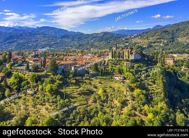 Aerial view of Barga in the Garfagnana Valley, Lucca Province, Toscana, Italy