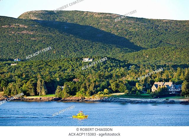Bar Harbor and Cadillac Mountain in the background as seen from the middle of Mount Desert Narrows, Acadia National Park, Maine, U.S.A